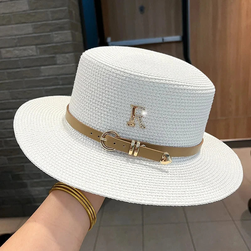 Summer Sun Hat Flat Top Straw Hats for Women New Metal R Letter Fashionable Beach Sun Hat Females Travel Holidays Boater Hat