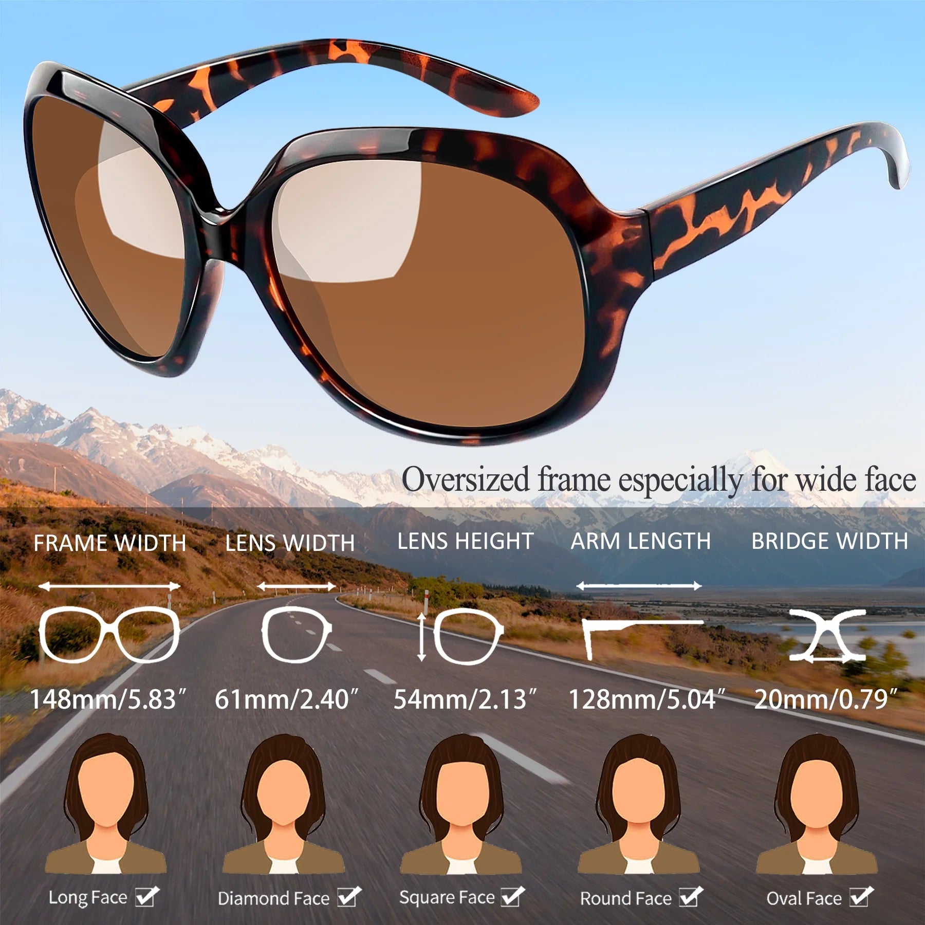 Oversized Polarized Women Sunglasses, Ladies Vintage Thick Big Frame Sun Glasses Shades (Leopard Brown)